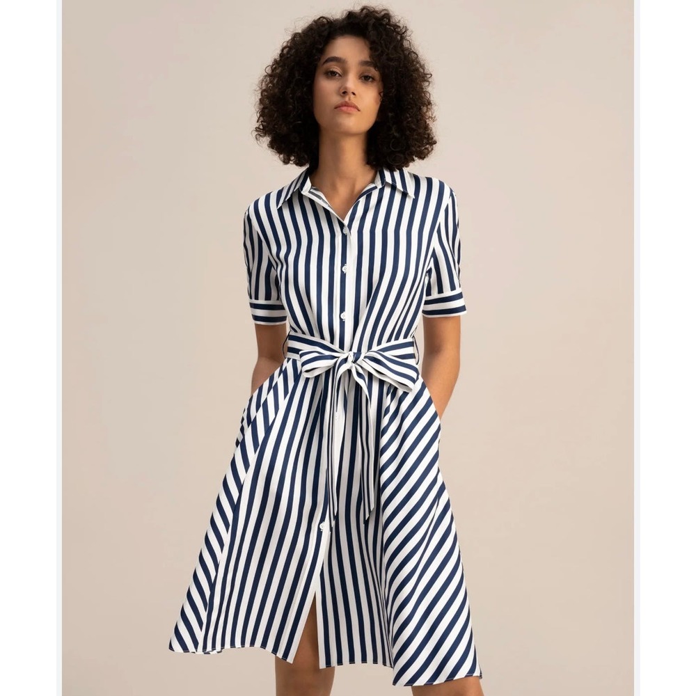 NWT LilySilk Amalfi Navy & White Stripe Mulberry Silk Shirt Dress